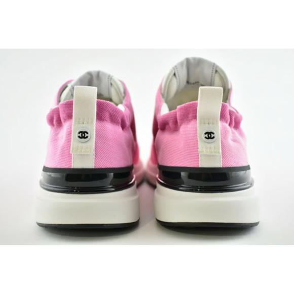 Chanel 21S Neon Pink Denim Suede CC Logo Lace Up Tie Low Top Trainer Sneaker 37 - Picture 10 of 12